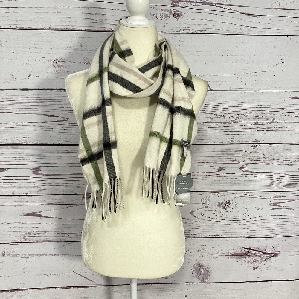 Charter Club 100% Cashmere Plaid Scarf Fringe Ivory Green Black NWT